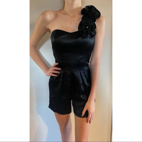 Jovani One Shoulder Romper Black - Picture 1 of 6